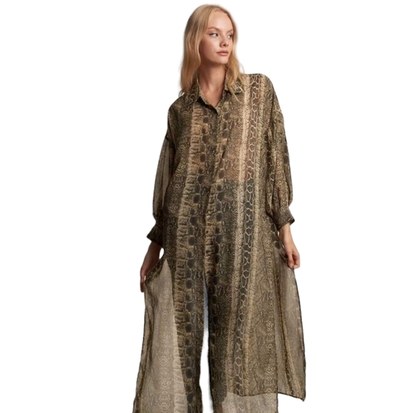 Snake Print Sheer Tunic Collared Midi/ Maxi Shirt Dress Top - Picture 8 of 15